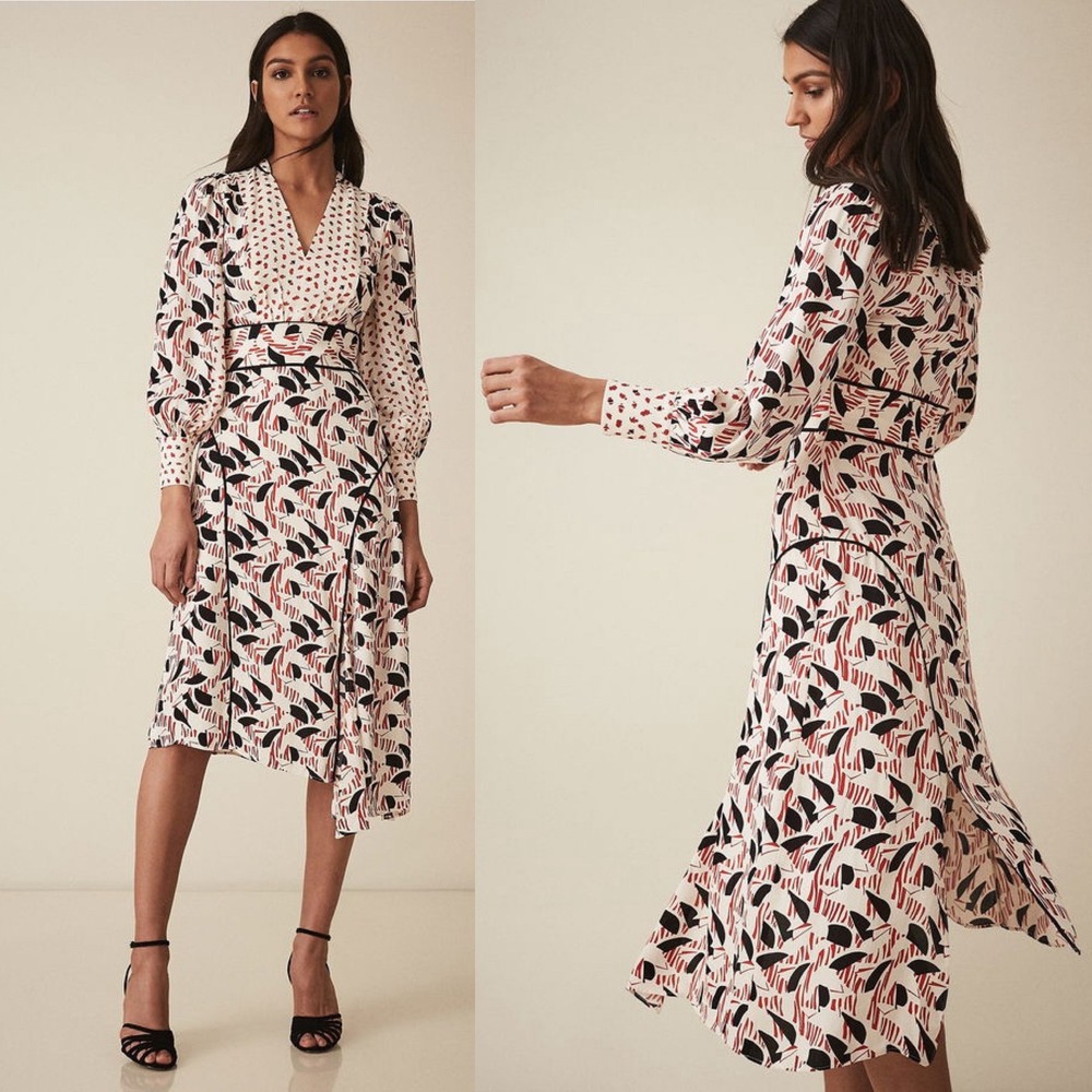 Reiss Emmi Midi Dress Size Slit‎ Womens Size 6 Printed Party V-Neck Contemporary